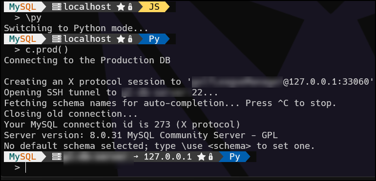 MySQL Shell connect to production in Python mode