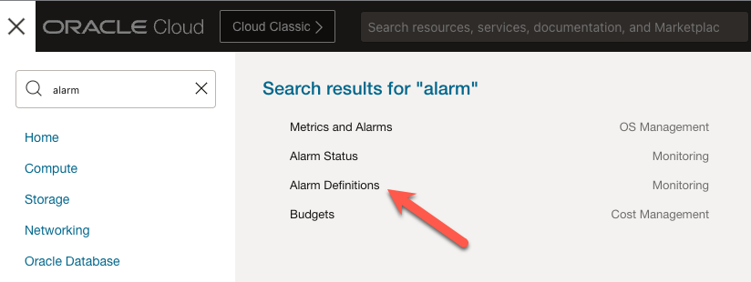Search menu for alarms