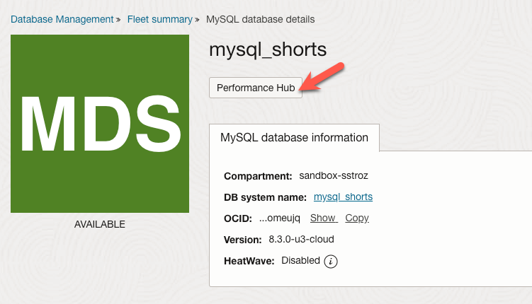 MySQL Database details page